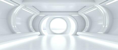 Empty futuristic white room with copy space for presentation product. AI generative photo