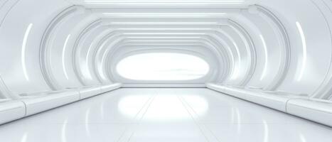Empty futuristic white room with copy space for presentation product. AI generative photo