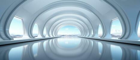 Empty futuristic white room with copy space for presentation product. AI generative photo