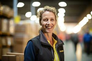 Warehouse smiling worker in distribution delivery center. Storehouse package supervisor. AI generative photo