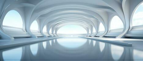 Empty futuristic white room with copy space for presentation product. AI generative photo