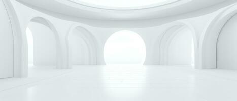 Empty futuristic white room with copy space for presentation product. AI generative photo
