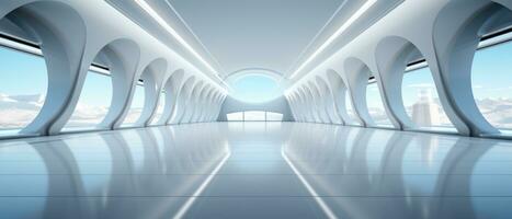 Empty futuristic white room with copy space for presentation product. AI generative photo