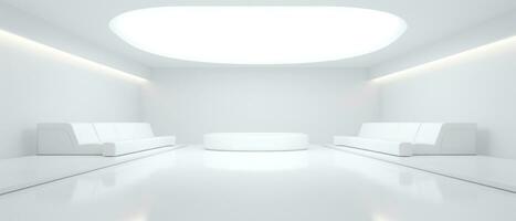 Empty futuristic white room with copy space for presentation product. AI generative photo