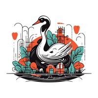 Vector illustration of a swan on the background of the city.