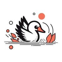 Vector illustration of a white swan swimming in the lake. Linear style.