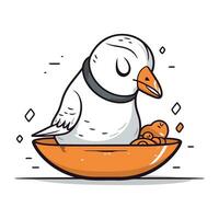 Cute cartoon seagull with food in bowl. Vector illustration.