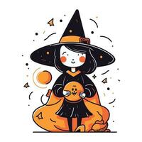 Cute little girl in witch costume with pumpkin. Vector illustration.