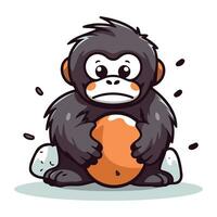 Monkey sitting on a stone and holding an orange. Vector illustration