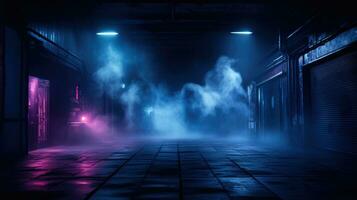 Empty street for presentation product. Neon Light, Fog with copy space. AI generative photo
