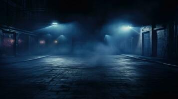 Empty street for presentation product. Neon Light, Fog with copy space. AI generative photo