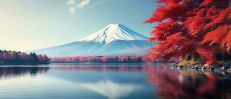 Mount Fuji in Japan Kawaguchiko lake autumn red leaves on trees mountain covered in snow calm lake reflects mountain and trees. AI generative photo