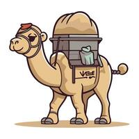 Cartoon camel farmer. Vector illustration of a camel farmer with a cart.