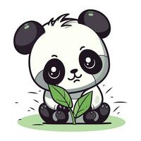 Cute panda with green plant. Vector illustration in cartoon style