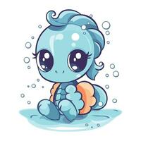 Cute little baby boy swimming in the sea. Vector illustration.