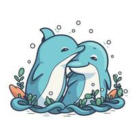 Cute cartoon couple of dolphins swimming in the sea. Vector illustration.