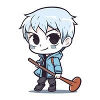 Cute anime boy with big shovel. Vector illustration of a cartoon character.