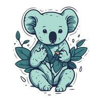 Cute cartoon koala sitting with green leaves. Vector illustration.