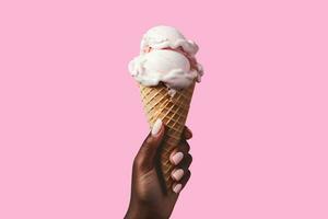 American black female hand vanilla berry ice cream in waffle cone on pink background. High quality photo for design an advertising, banner, website. AI Generative