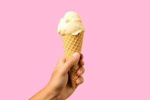 Male hand holding vanilla ice cream in waffle cone on pink background. High quality photo for design an advertising, banner, website. AI Generative