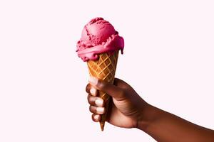 American black hand holding berry ice cream in waffle cone on neutral background. High quality photo for design an advertising, banner, website. AI Generative