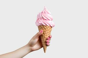 Woman hand holding strawberry ice cream in waffle cone on neutral background. High quality photo for design an advertising, banner, website. AI Generative