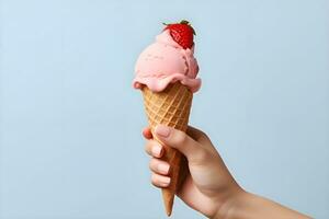 Woman hand holding strawberry ice cream in waffle cone and berry on blue background. High quality photo for design an advertising, banner, website.AI Generative