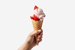 Woman hand holding ice cream in waffle cone with pieces of berries on neutral background. High quality photo for design an advertising, banner, website. AI Generative