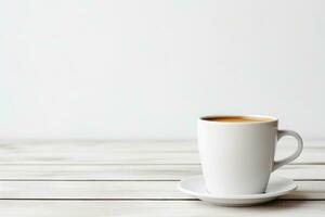 Coffee cup on white wooden table AI Generative photo