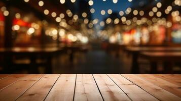 Empty wooden table product display blurred night city background AI Generative photo