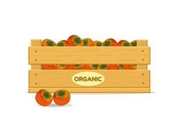 Wooden box with persimmons. Vegetable box icon. Vector illustration isolated on white background.