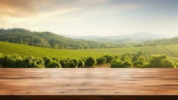 Empty wooden table product display blurred vineyard background AI Generative photo