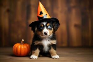 Cute halloween puppy wearing a witch hat pumpkin wood wall background AI Generative photo