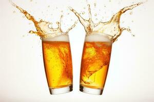 Two beers with splashes on white background AI Generative photo