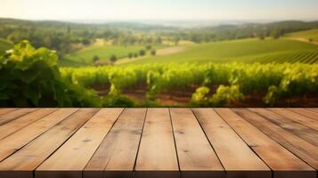 Empty wooden table product display blurred vineyard background AI Generative photo