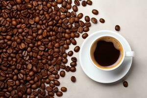 Coffee cup with roasted coffee beans on a table AI Generative photo