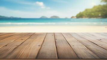 Empty wooden table product display blurred tropical beach background AI Generative photo