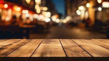 Empty wooden table product display blurred night city background AI Generative photo