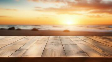 Empty wooden table product display blurred evening beach background AI Generative photo