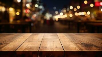 Empty wooden table product display blurred night city background AI Generative photo