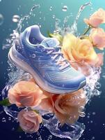 Sports shoes surrounded by transparent flowers, splashing with water droplets, emitting light white blue, AI Generative photo