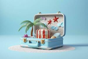 Creative Summer Beach Composition in Suitcase on Blue Background, A Travel Concept Idea in 3D Rendering. AI Generative photo