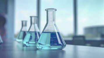 A Science Beaker in the laboratory on a table white and light blue background.. laboratory equipment out of focus. AI Generative photo