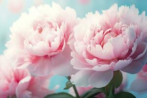 Beautiful pink large flowers peonies on a light blue turquoise background. Generative AI photo