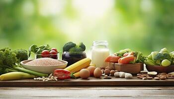 Closeup of vegetables, fruits, and meat on wooden table over green natural background. Generative AI photo