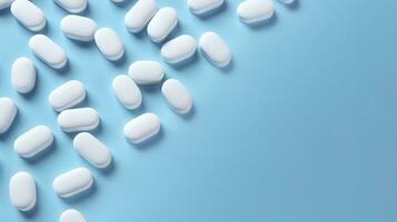 parte superior ver blanco medicina tabletas antibiótico pastillas en un suave azul fondo, Copiar espacio, farmacia tema, ai generativo foto
