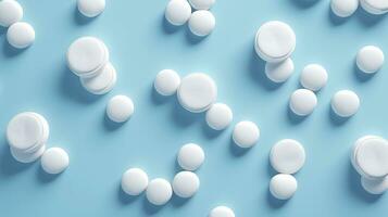 Top view white medicine tablets antibiotic pills on a soft blue background, copy space, Pharmacy theme, AI Generative photo