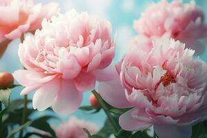 Beautiful pink large flowers peonies on a light blue turquoise background. Generative AI photo