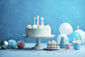 Birthday cake with candles and sweets on white table near blue wall. Generative AI photo