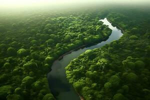 Aerial view of the Amazonas jungle landscape with river bend. Generative AI photo